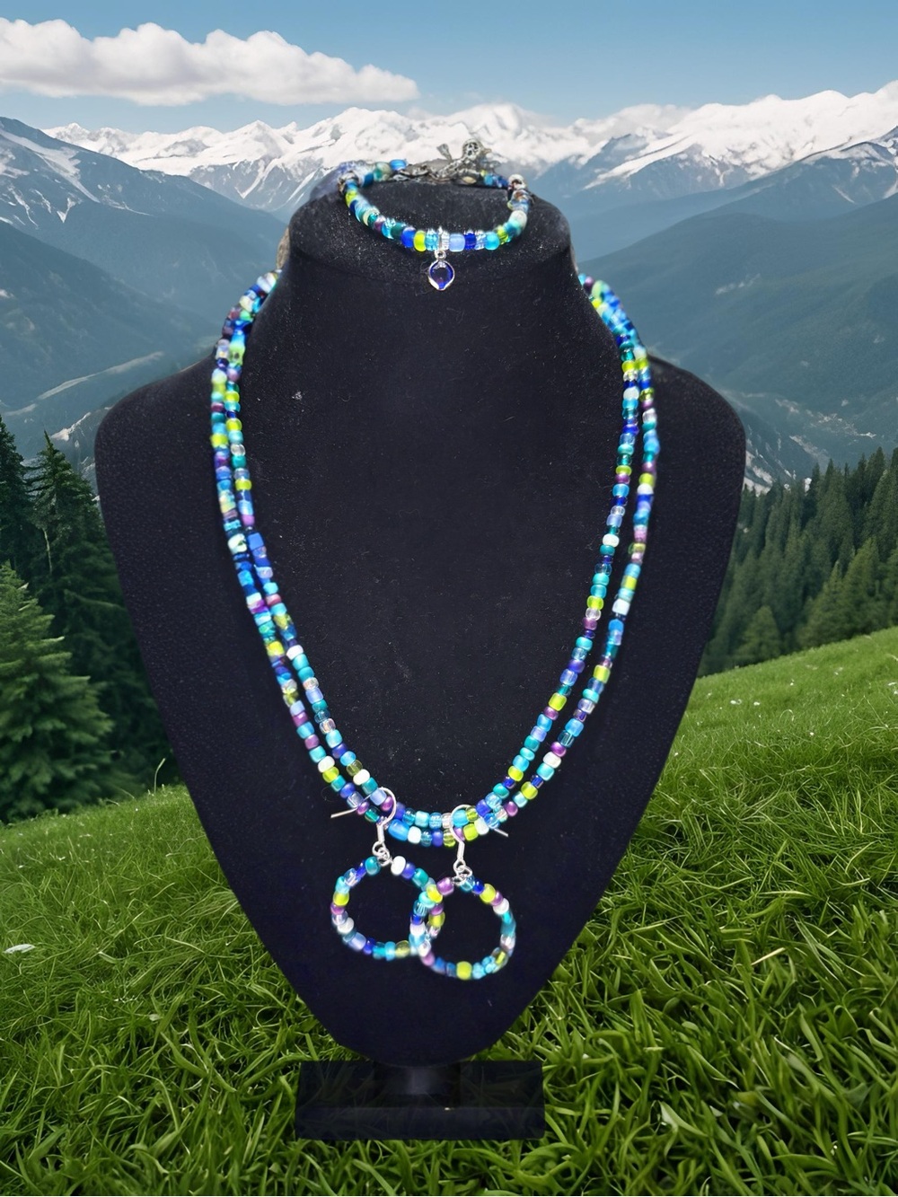 Hand Crafted Blue Green Multi-Color Beaded Necklace Set